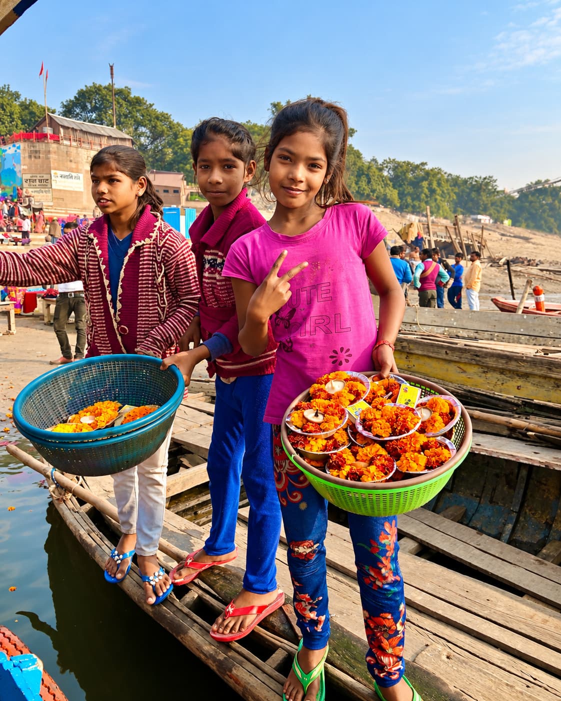 Three girls stand beside the river carrying baskets filled with flower offerings in Varanasi, 2019