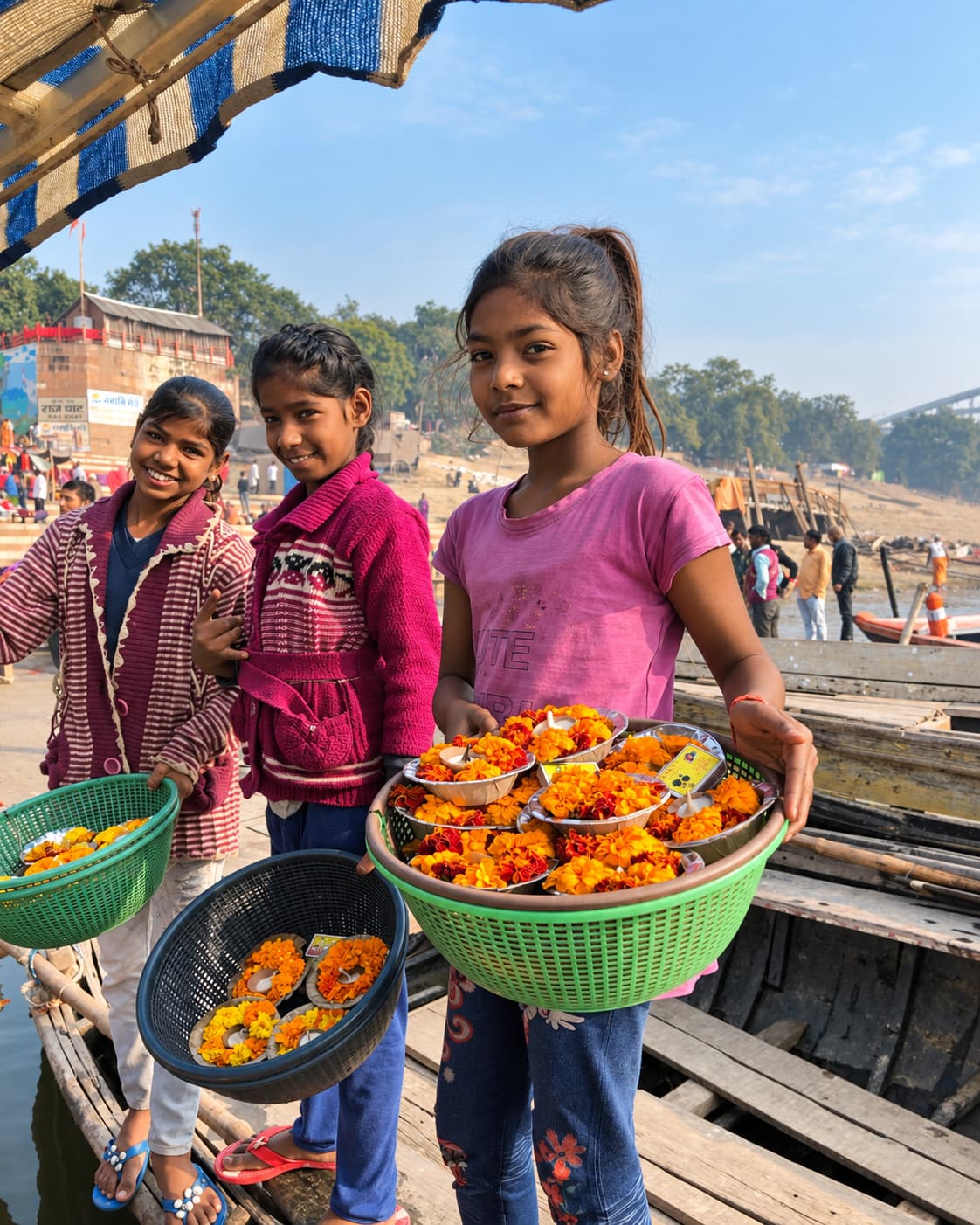 Three girls stand close to the camera with baskets of marigold offerings beside the Ganges in Varanasi, 2019
