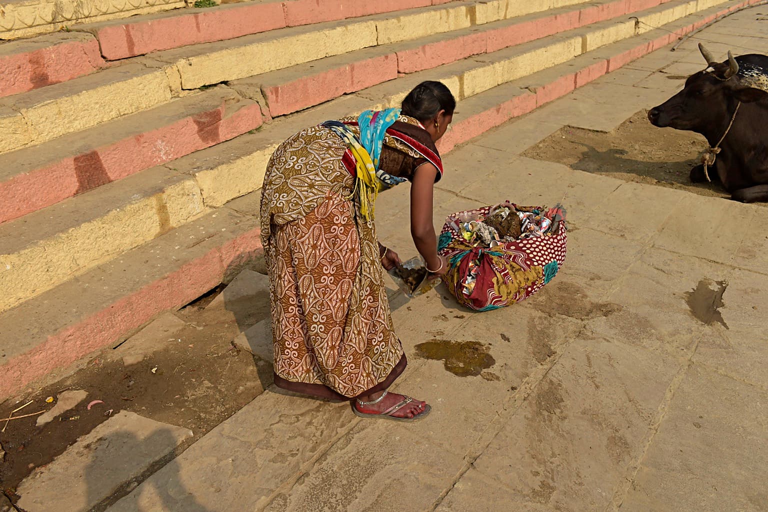 A woman bends near the stone ghat steps while a cow stands at the edge of the scene in Varanasi, 2019