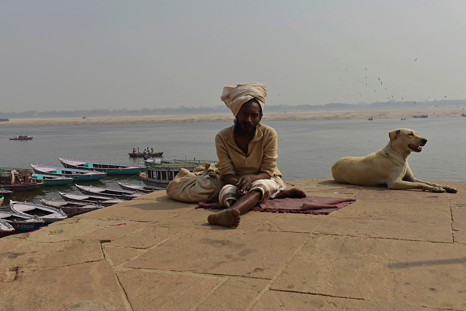 A seated man and a resting dog share a stone terrace above the Ganges and moored boats in Varanasi, 2019